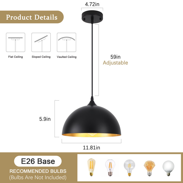 Black Metal Dome Pendant Light with Adjustable Height