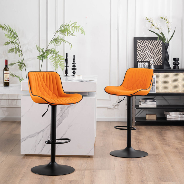 Orange Adjustable Swivel Leather Bar Stools with Pedestal Base, Set of 2