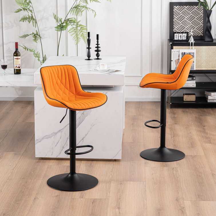 Orange Adjustable Swivel Leather Bar Stools with Pedestal Base, Set of 2