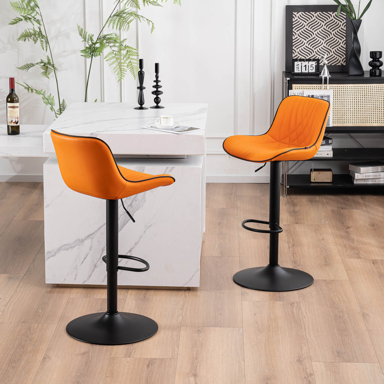 Orange Adjustable Swivel Leather Bar Stools with Pedestal Base, Set of 2