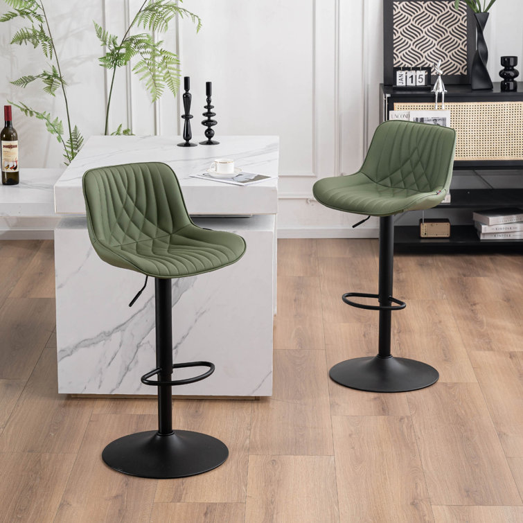 Bean Green Adjustable Swivel Faux Leather Bar Stools with Iron Base