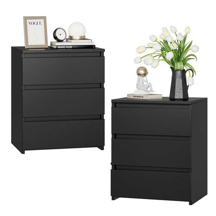 Black 3-Drawer Rectangular Nightstand Set of 2