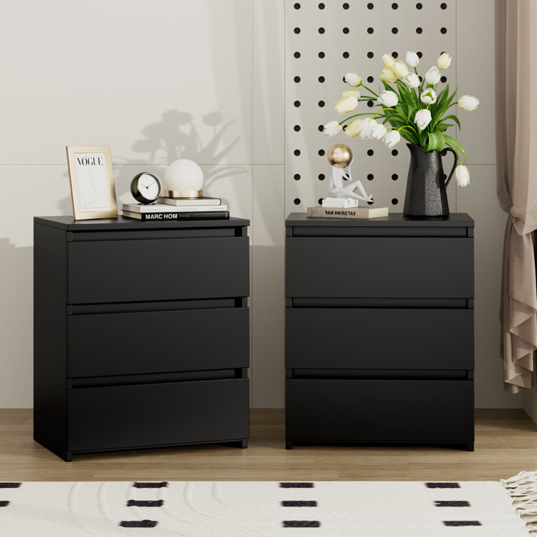 Black 3-Drawer Rectangular Nightstand Set of 2