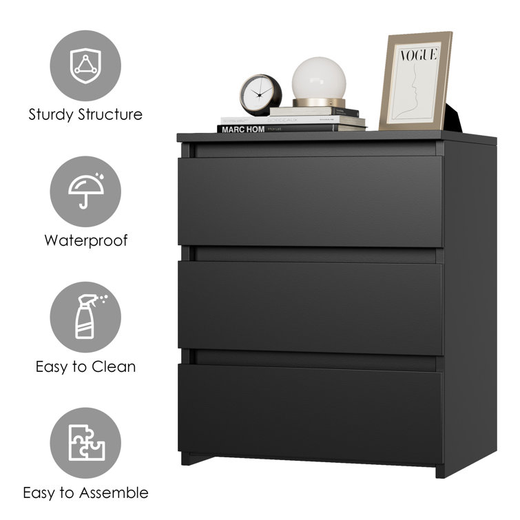 Black 3-Drawer Rectangular Nightstand Set of 2