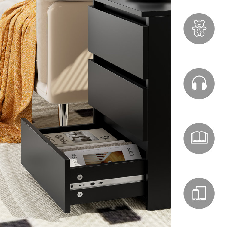 Black 3-Drawer Rectangular Nightstand Set of 2