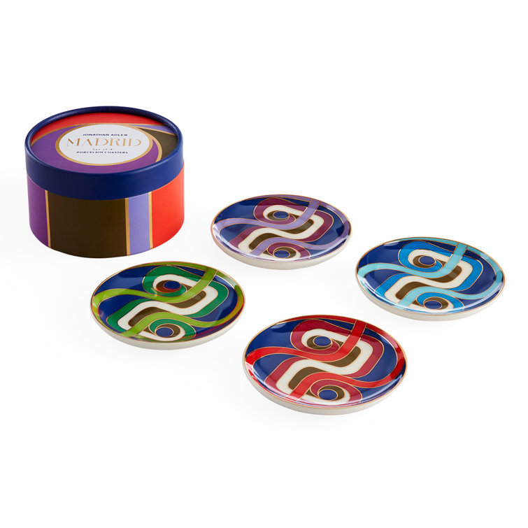 Madrid Multicolor Ceramic Round Coaster Set with Gold Accents