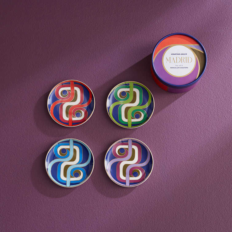 Madrid Multicolor Ceramic Round Coaster Set with Gold Accents