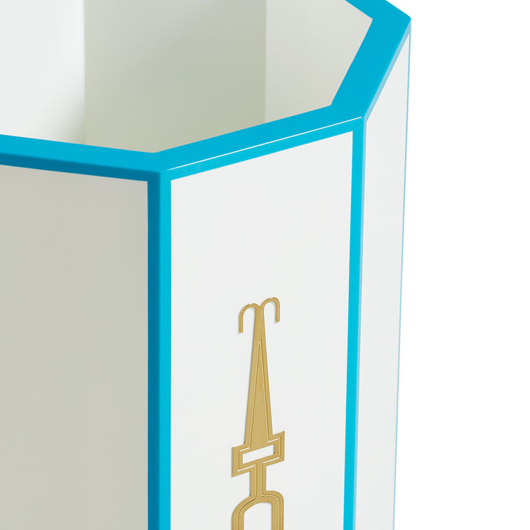 White and Blue Plastic Freestanding Umbrella Stand with Brass Accents