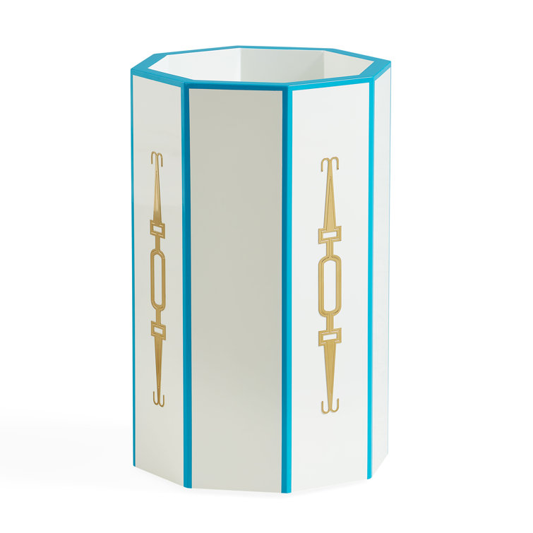 White and Blue Plastic Freestanding Umbrella Stand with Brass Accents