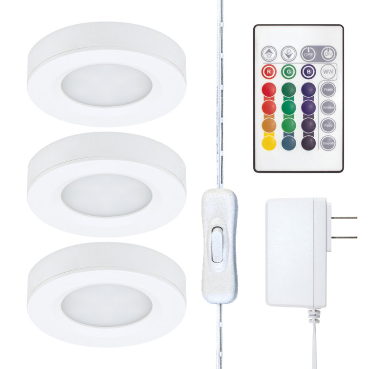 White Multicolor LED Puck Light Kit with Remote, 3-Pack