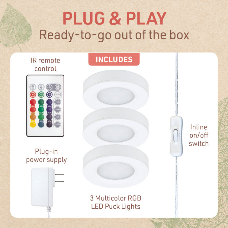 White Multicolor LED Puck Light Kit with Remote, 3-Pack