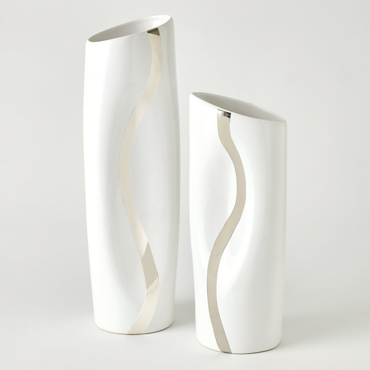 White and Platinum Ceramic Table Vase with Hand-Painted Stripe