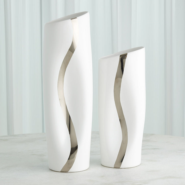 White and Platinum Ceramic Table Vase with Hand-Painted Stripe