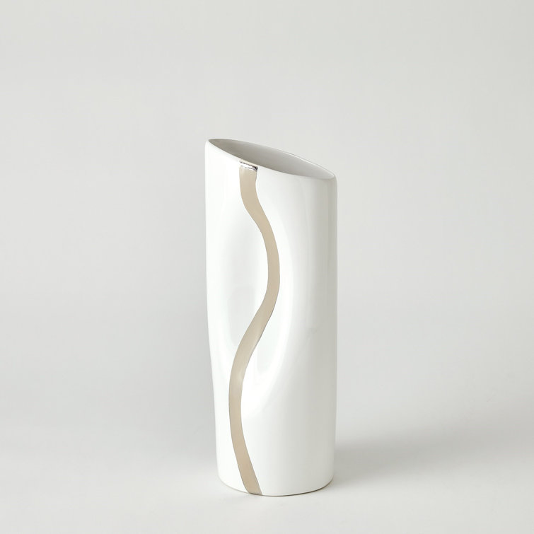 White and Platinum Ceramic Table Vase with Hand-Painted Stripe