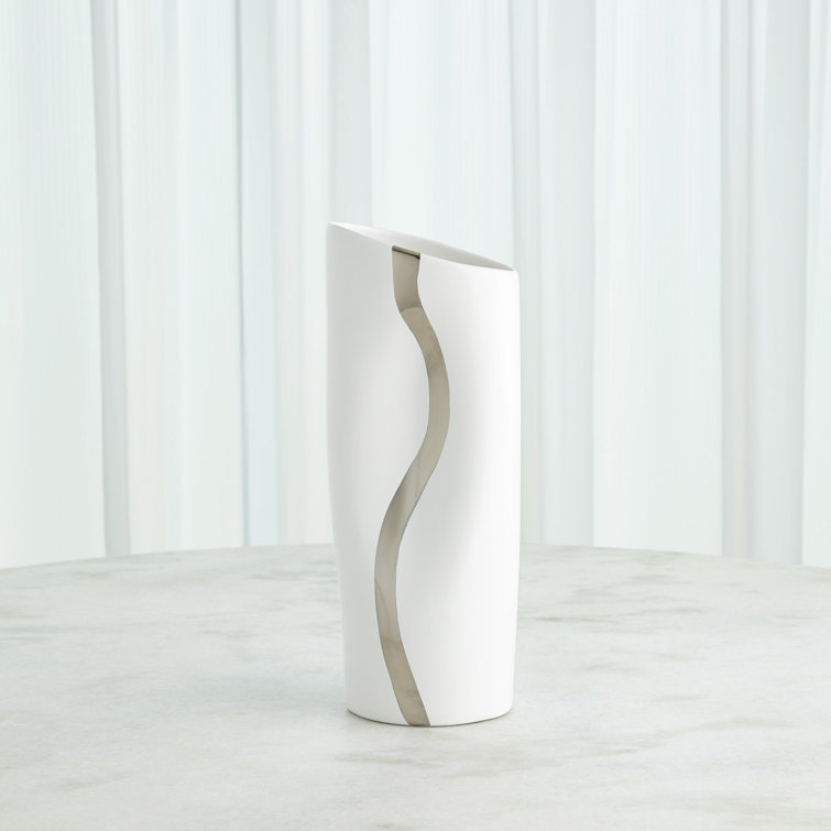 White and Platinum Ceramic Table Vase with Hand-Painted Stripe