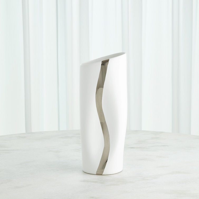 White and Platinum Ceramic Table Vase with Hand-Painted Stripe