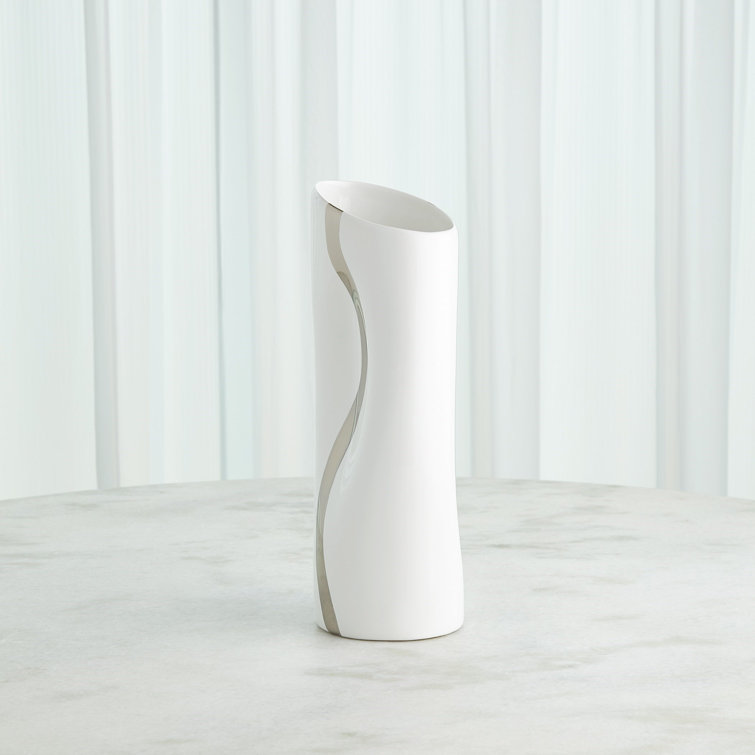 White and Platinum Ceramic Table Vase with Hand-Painted Stripe