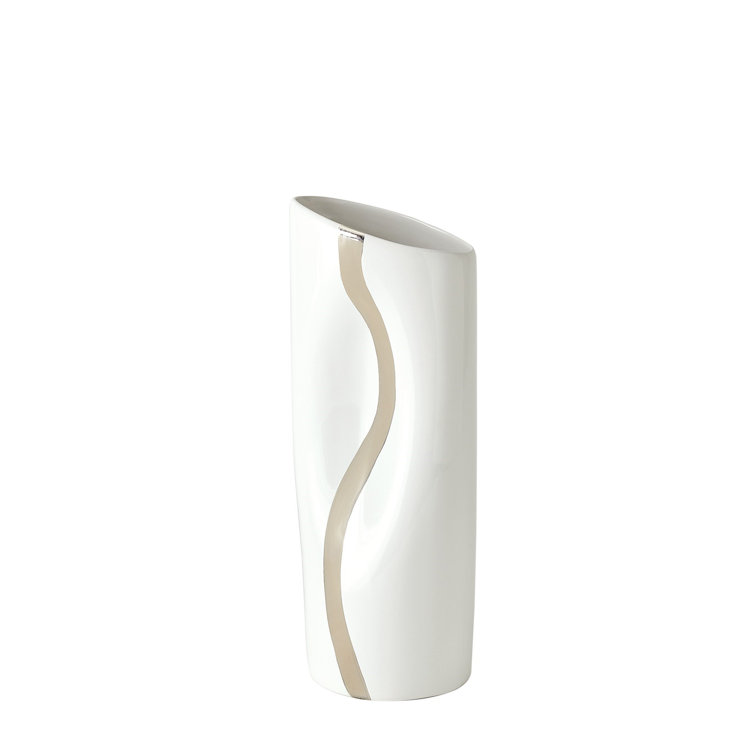 White and Platinum Ceramic Table Vase with Hand-Painted Stripe