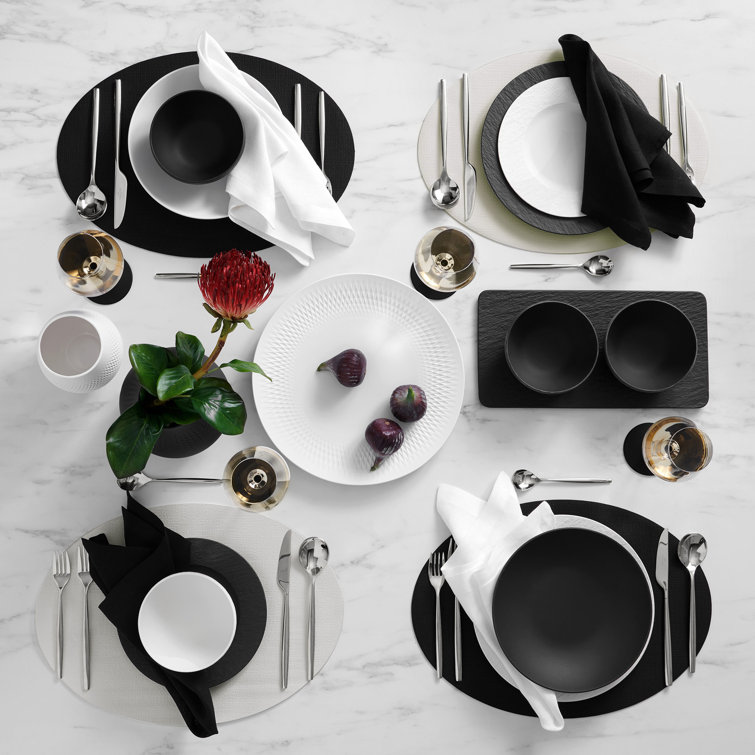 White and Black Vegan Leather Ellipse Placemats, Set of Four