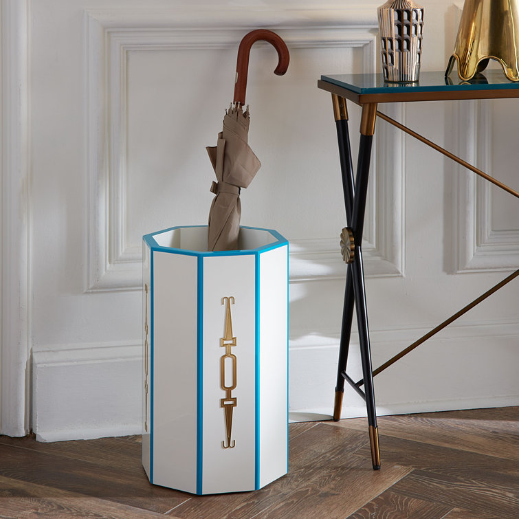 White and Blue Plastic Freestanding Umbrella Stand with Brass Accents