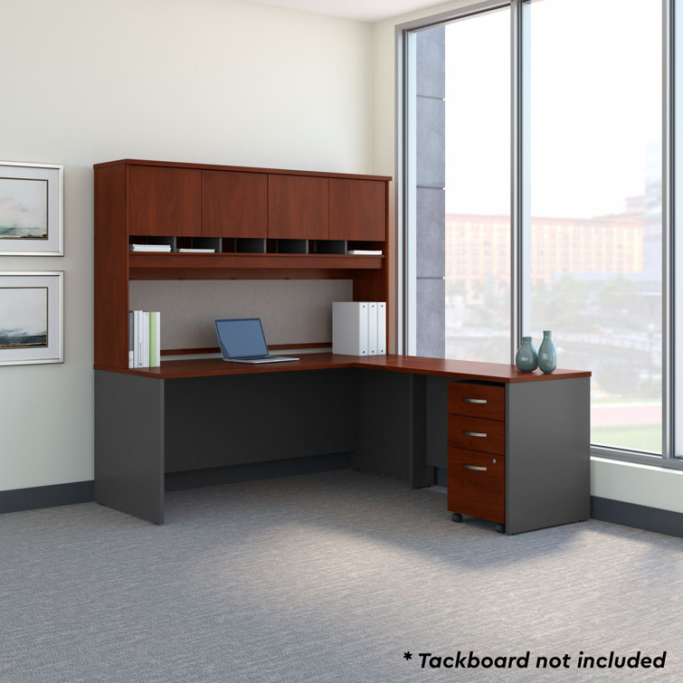 Hansen Cherry Graphite Gray L-Shaped Desk with Hutch and Filing Cabinet