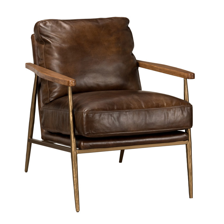 Transitional Handcrafted Antique Brown Leather Accent Chair
