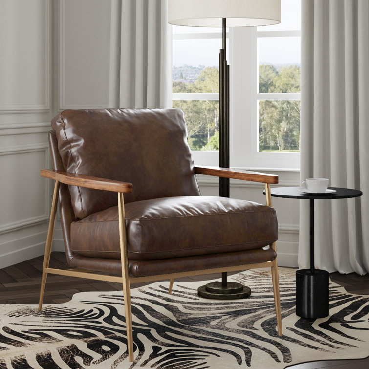 Transitional Handcrafted Antique Brown Leather Accent Chair