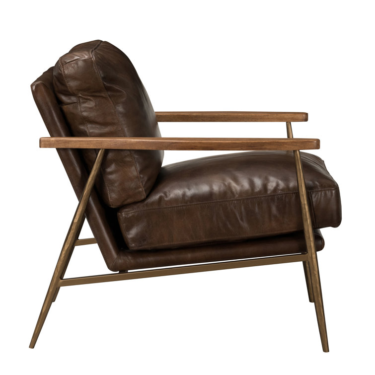 Transitional Handcrafted Antique Brown Leather Accent Chair