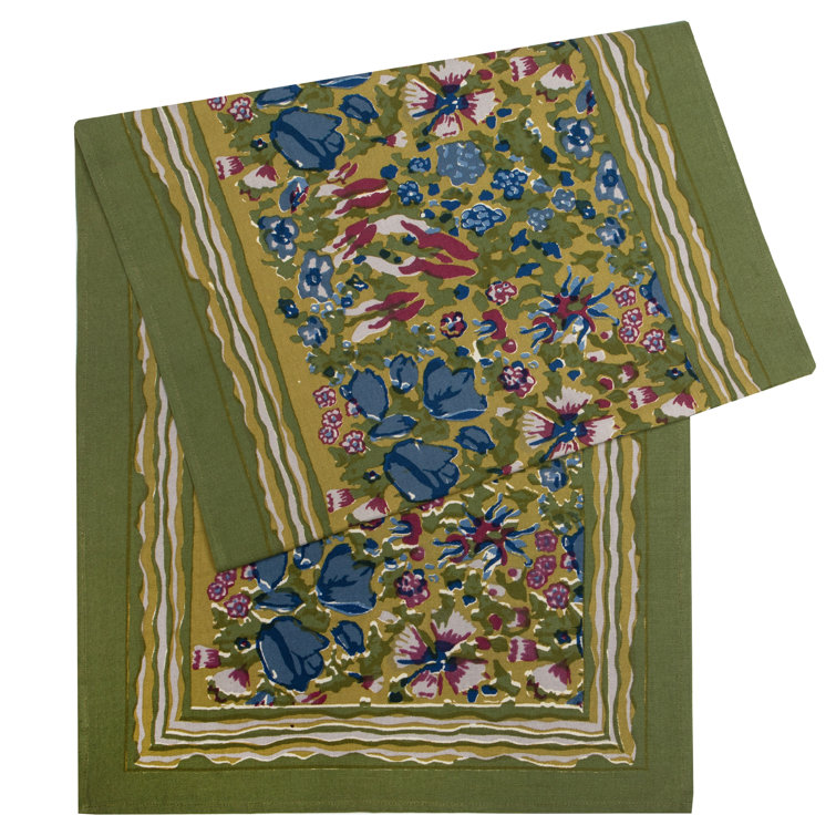 Handmade Floral Cotton Table Runner in Green and Blue