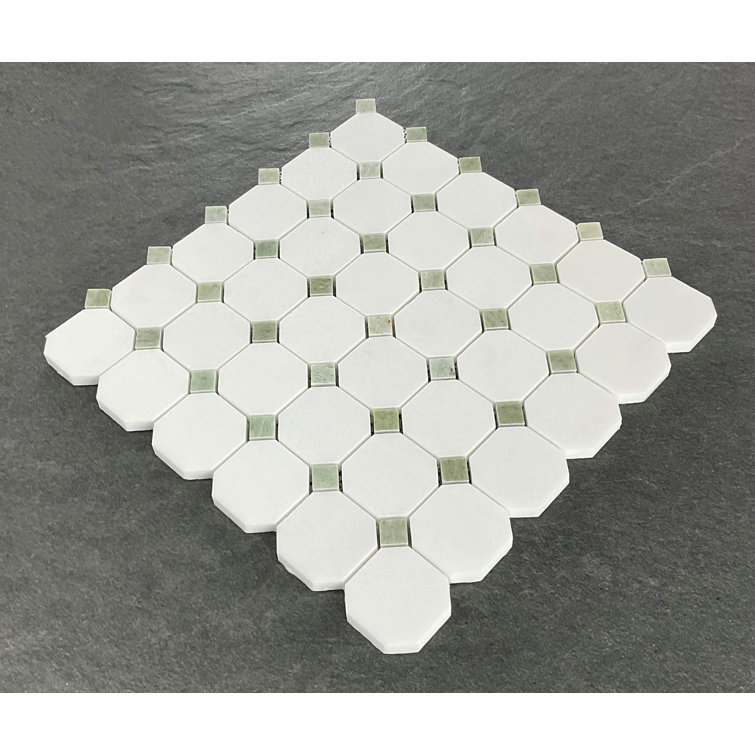 Thassos White and Green Marble Mosaic Shower Tile