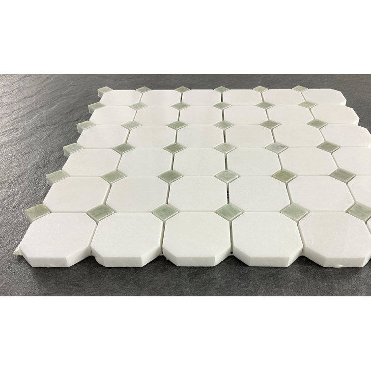 Thassos White and Green Marble Mosaic Shower Tile
