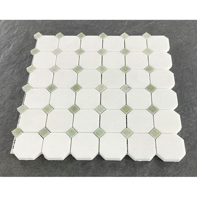 Thassos White and Green Marble Mosaic Shower Tile
