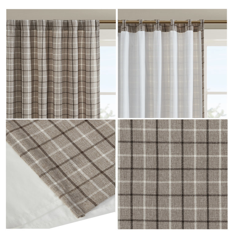 Gray Plaid Light-Filtering Polyester Curtain Panel with Fleece Lining