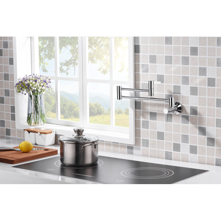 Polished Chrome Wall-Mount Pot Filler Faucet with Dual Ceramic Discs