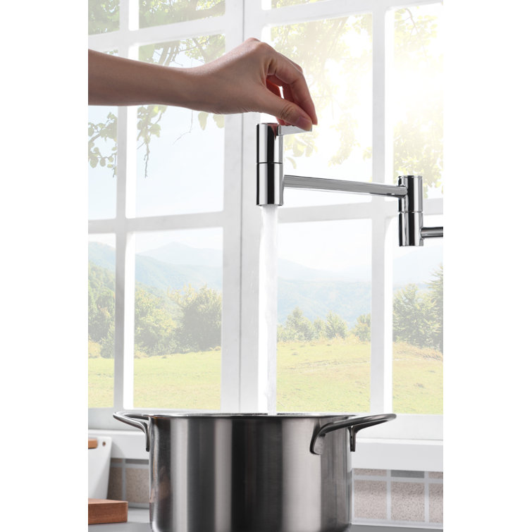 Polished Chrome Wall-Mount Pot Filler Faucet with Dual Ceramic Discs