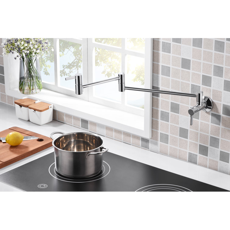 Polished Chrome Wall-Mount Pot Filler Faucet with Dual Ceramic Discs