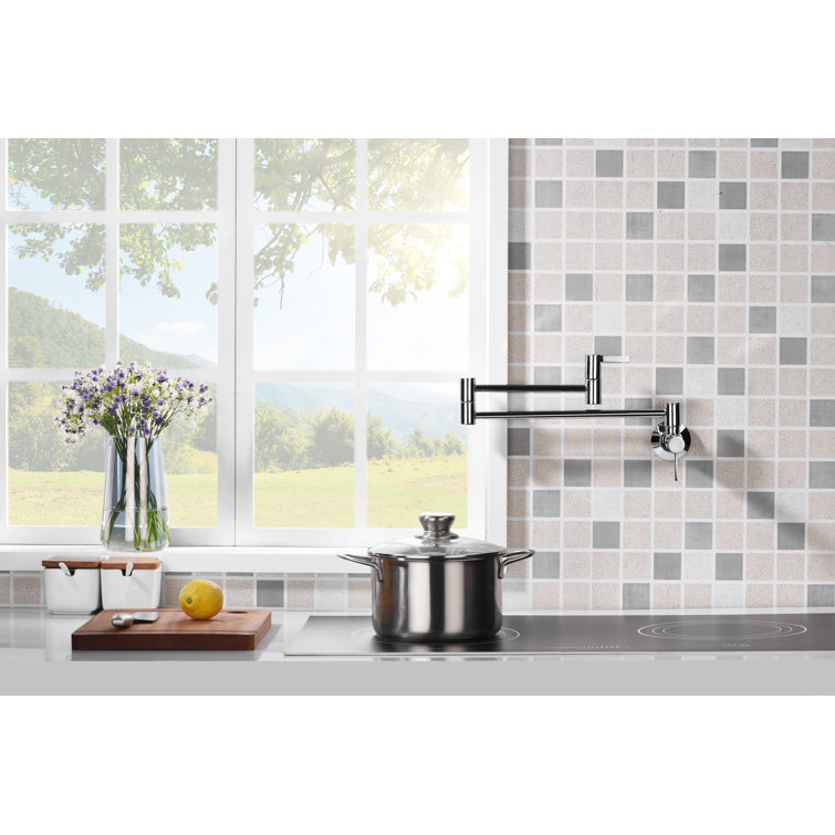 Polished Chrome Wall-Mount Pot Filler Faucet with Dual Ceramic Discs