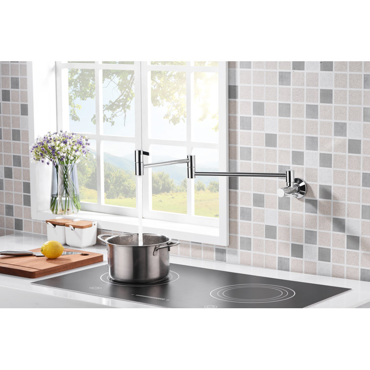 Polished Chrome Wall-Mount Pot Filler Faucet with Dual Ceramic Discs