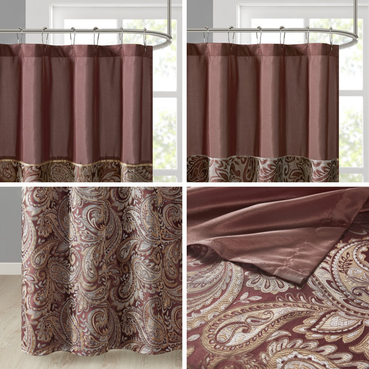 Burgundy Paisley Jacquard Shower Curtain with Solid Panel