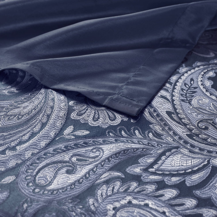 Navy Paisley Jacquard Shower Curtain with Color Block Panel
