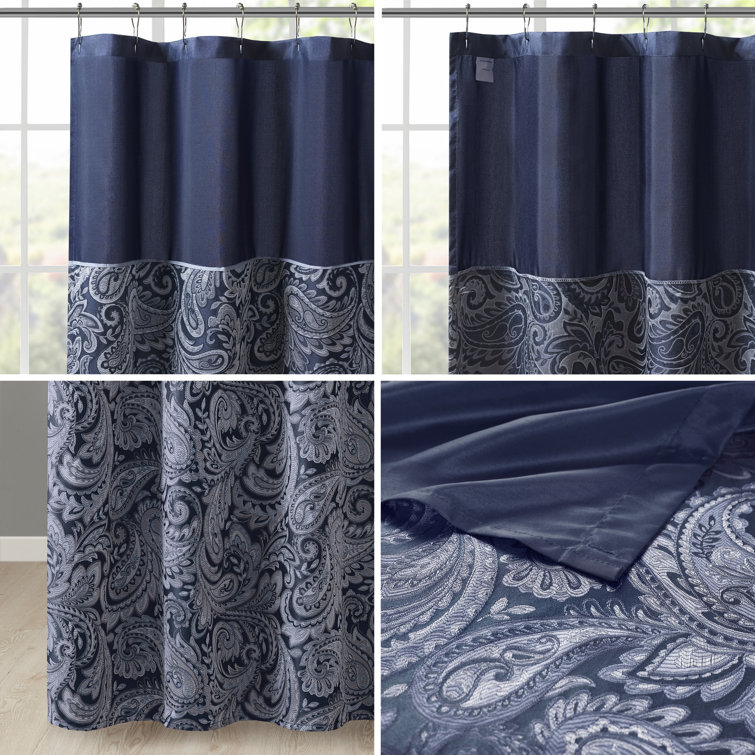 Navy Paisley Jacquard Shower Curtain with Color Block Panel