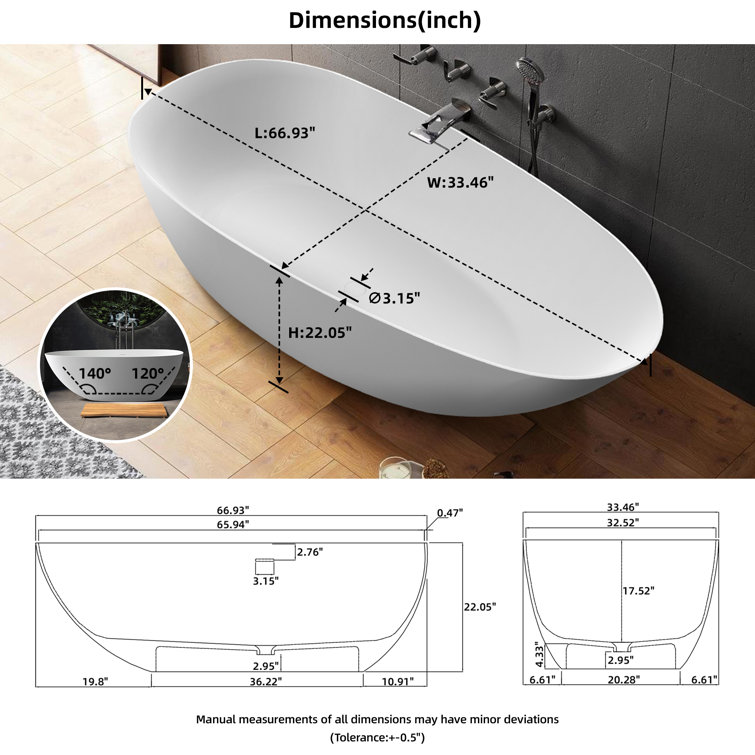 67'' White Solid Surface Freestanding Soaking Bathtub