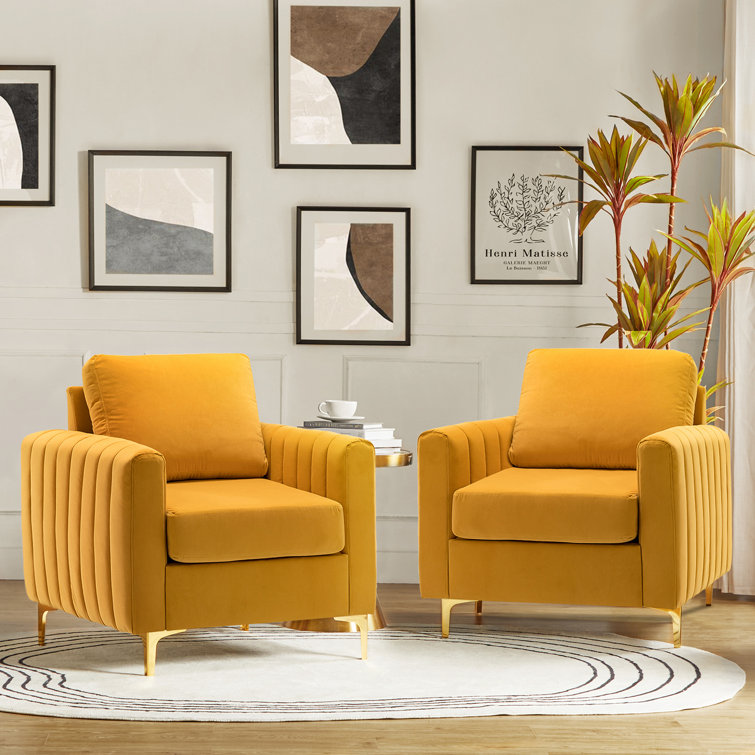 Mustard Velvet Club Chairs with Gold Legs, Set of 2