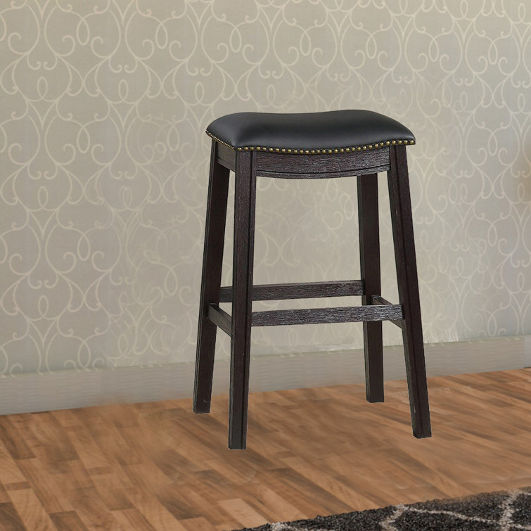 Adjustable Saddle Style Swivel Bar Stool in Black Leather and Wood