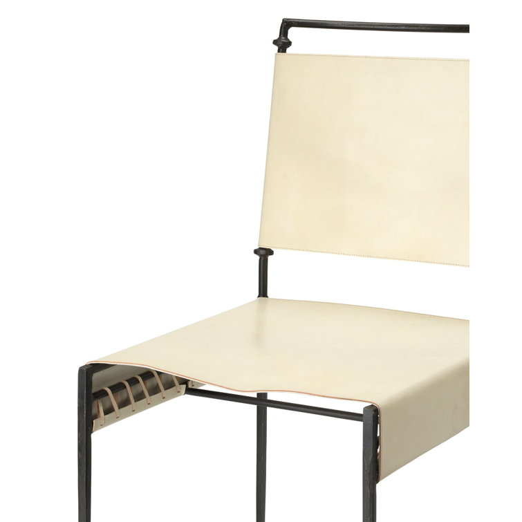 Off-White Leather and Metal Upholstered Side Chair