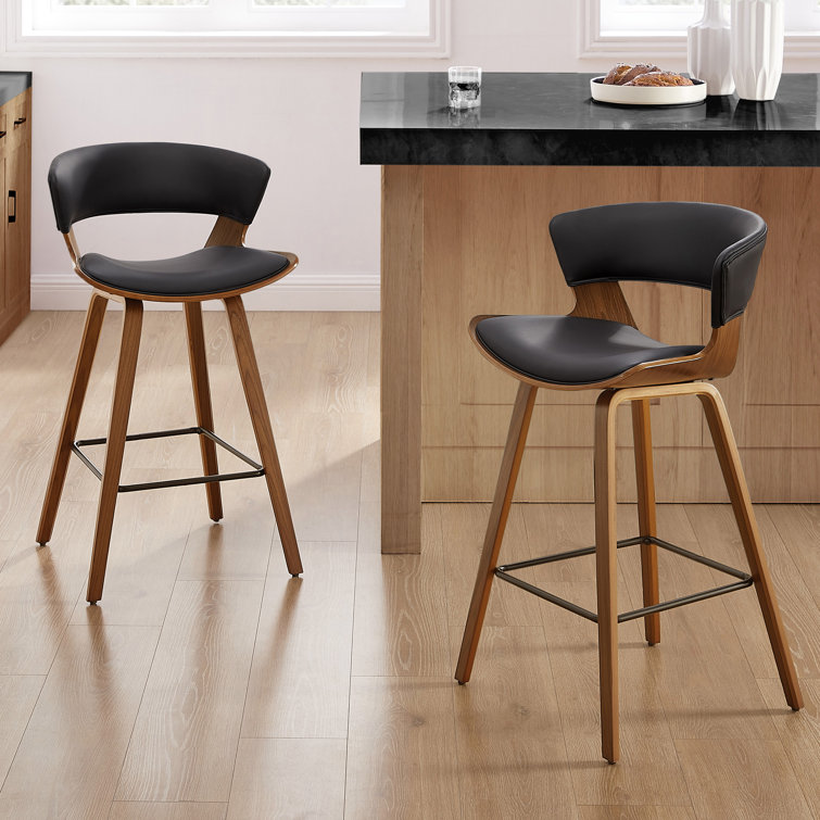 Mid-Century Modern Brown Wood and Black Faux Leather Counter Stools, Set of 2