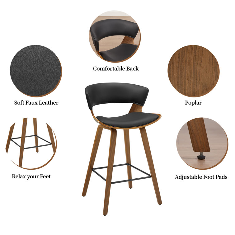 Mid-Century Modern Brown Wood and Black Faux Leather Counter Stools, Set of 2