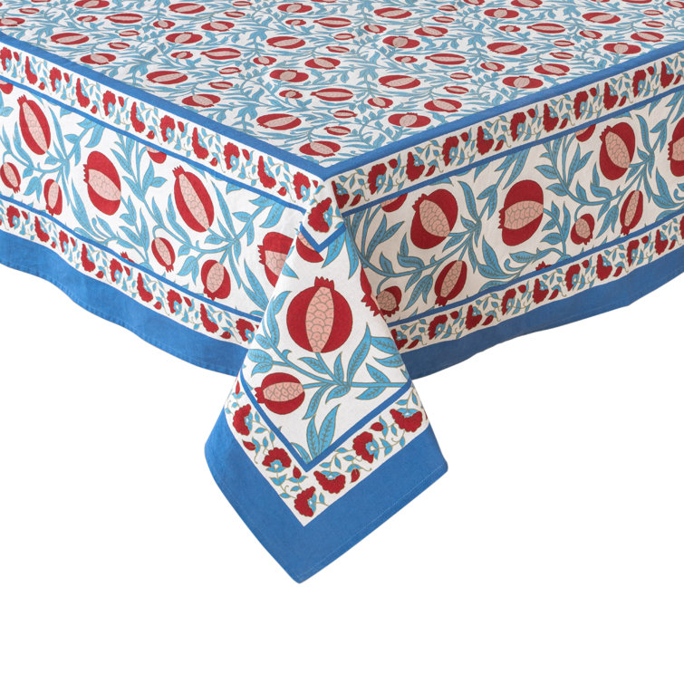Handmade Red and Blue Floral Square Linen Tablecloth