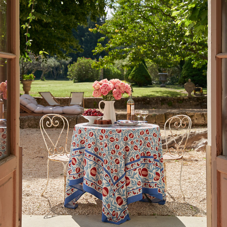 Handmade Red and Blue Floral Square Linen Tablecloth