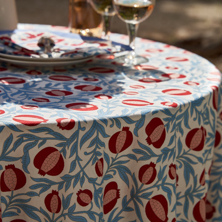 Handmade Red and Blue Floral Square Linen Tablecloth